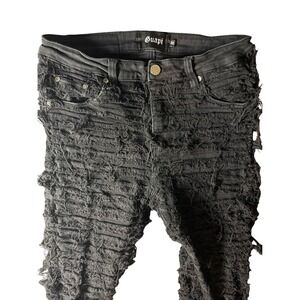 Guapi Distressed Stacked Jeans Mens 30 Black Shredded Frayed Flare Denim Pants